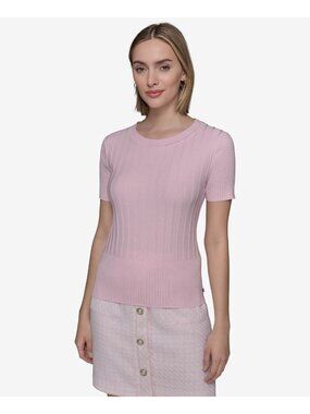 KARL LAGERFELD PARIS Women's Ribbed Short-Sleeve Sweater Pink Size M $69 SALE